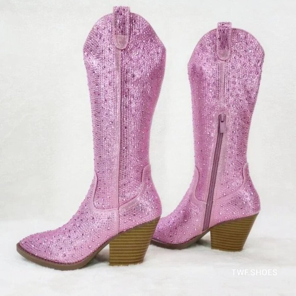 Wild One Baby Light Pink Rhinestone Glitter Disco Cowgirl Knee Boots